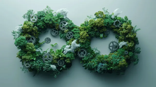 Green infinity loop made of trees and gears on soft background