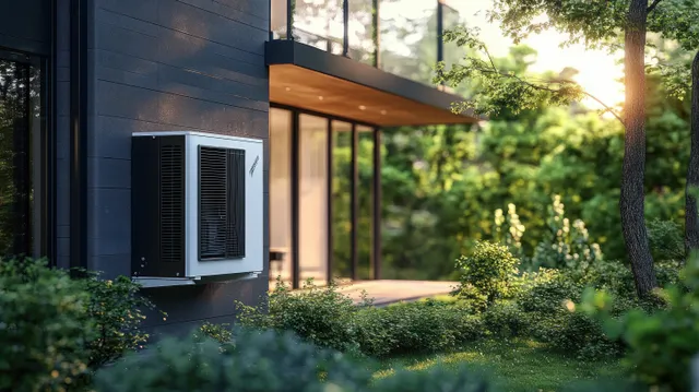 Air conditioning unit mounted on modern home exterior with greenery and warm sunlight