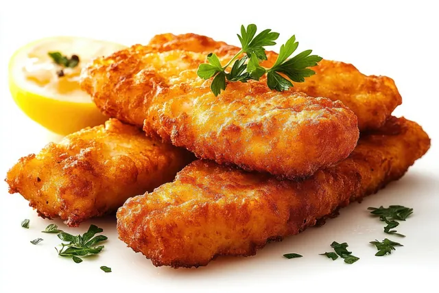 Crispy golden fried fish fillets stacked on a white plate with parsley and lemon wedge