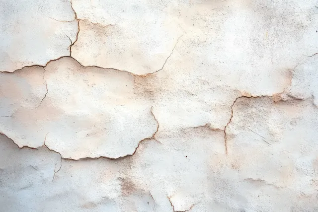 Close-up of a cracked wall with peeling white paint and exposed weathered plaster texture.