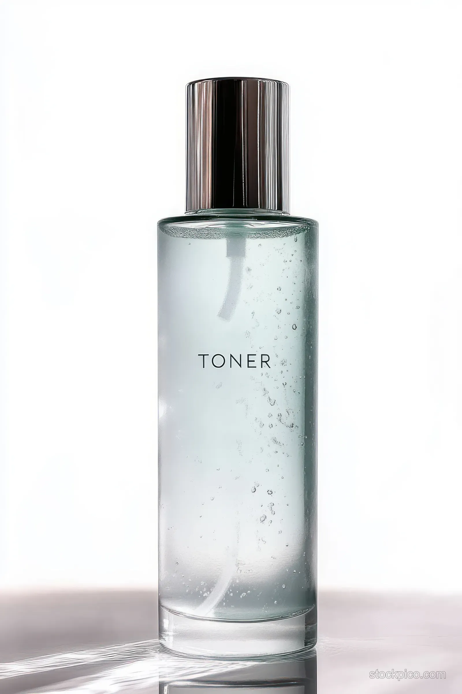 Clear glass toner bottle filled with transparent liquid and small bubbles under a metallic cap on a light background.