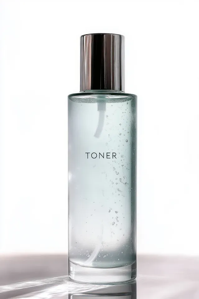 Glass toner bottle with clear liquid and small bubbles under soft natural light
