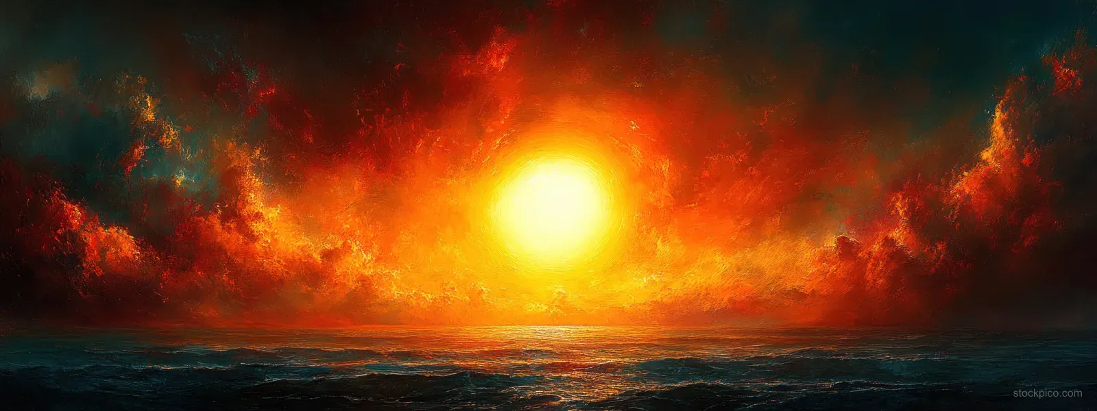 Bright sun over an ocean horizon with glowing clouds and radiant lens flare rays.