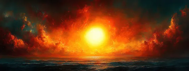 Bright sun over an ocean horizon with glowing clouds and radiant lens flare rays.
