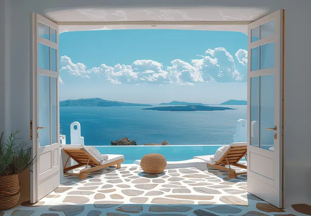 Open doorway frames a Greek terrace with sunbeds and white stone flooring overlooking the blue sea and islands.