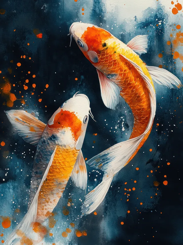 Two koi fish watercolor illustration with soft pastels and sparkling droplets in dark water