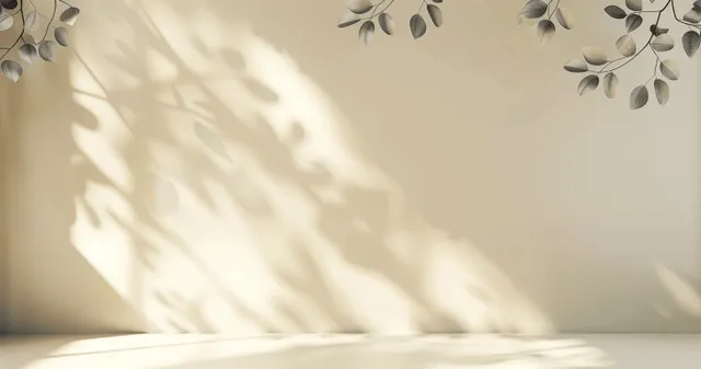 Light beige interior background with window shadow stripes and soft leaf silhouettes