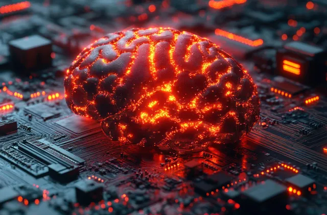 An orange glowing neural network brain rests on a dark futuristic circuit board surrounded by bright data traces.