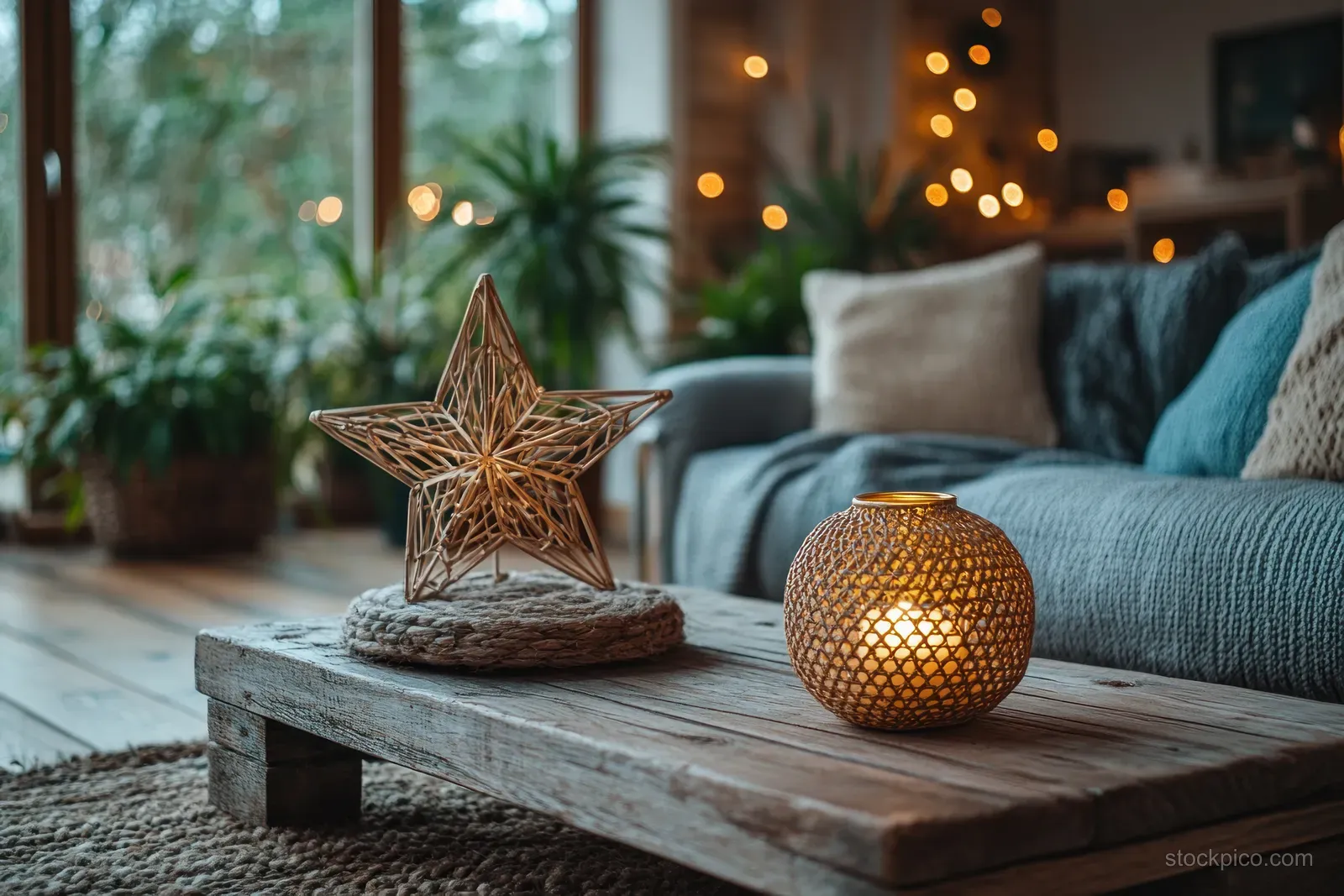 Warm-lit living room with a wooden coffee table holding a star ornament and gold lantern near a sofa.