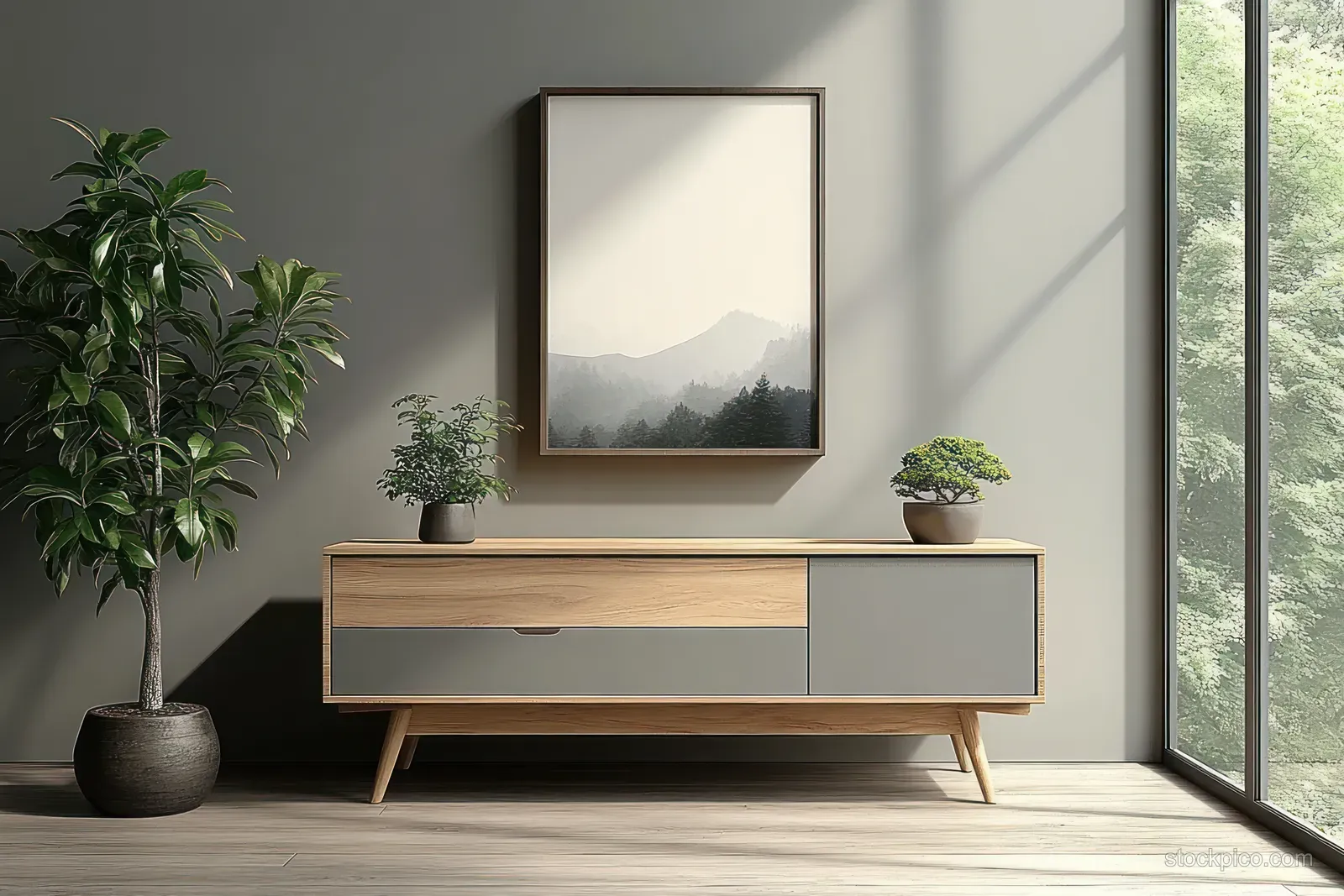 Minimalist living room corner showing a wooden sideboard, three potted plants, and a framed mountain landscape artwork by a large window.