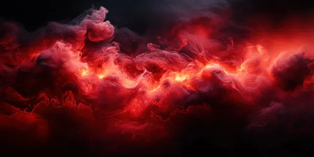 Glowing red and orange nebula clouds swirl in a dark space background with a smoky cosmic glow.