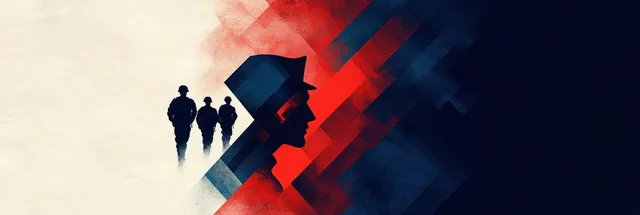 Three soldier silhouettes walk beside a large helmet profile on a red and dark blue geometric background.