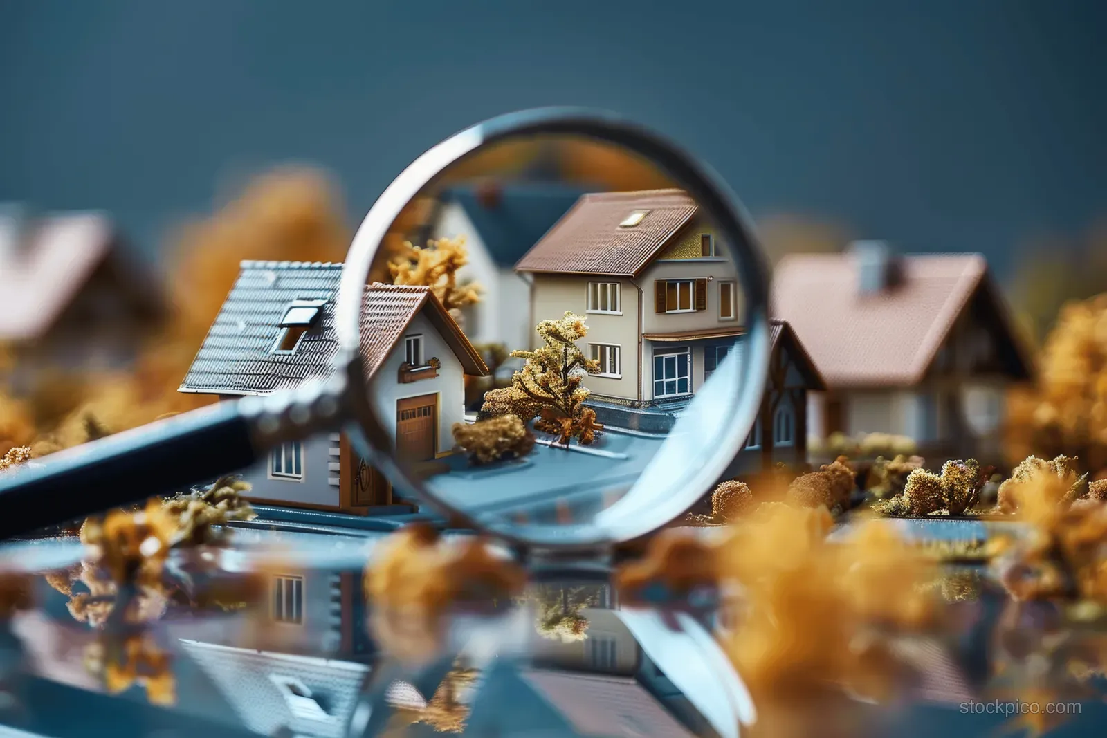 Magnifying glass reveals a miniature house neighborhood with blurred rooftops and autumn trees in the background.