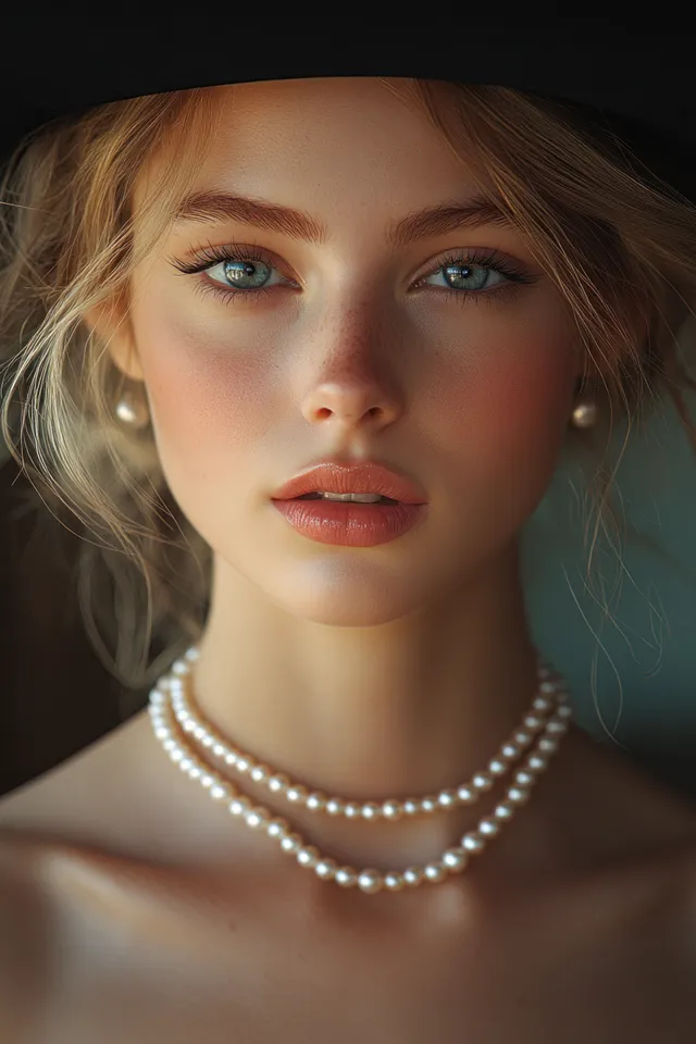 Elegant young woman wearing layered pearl necklaces and bracelets in a soft-lit glamour portrait