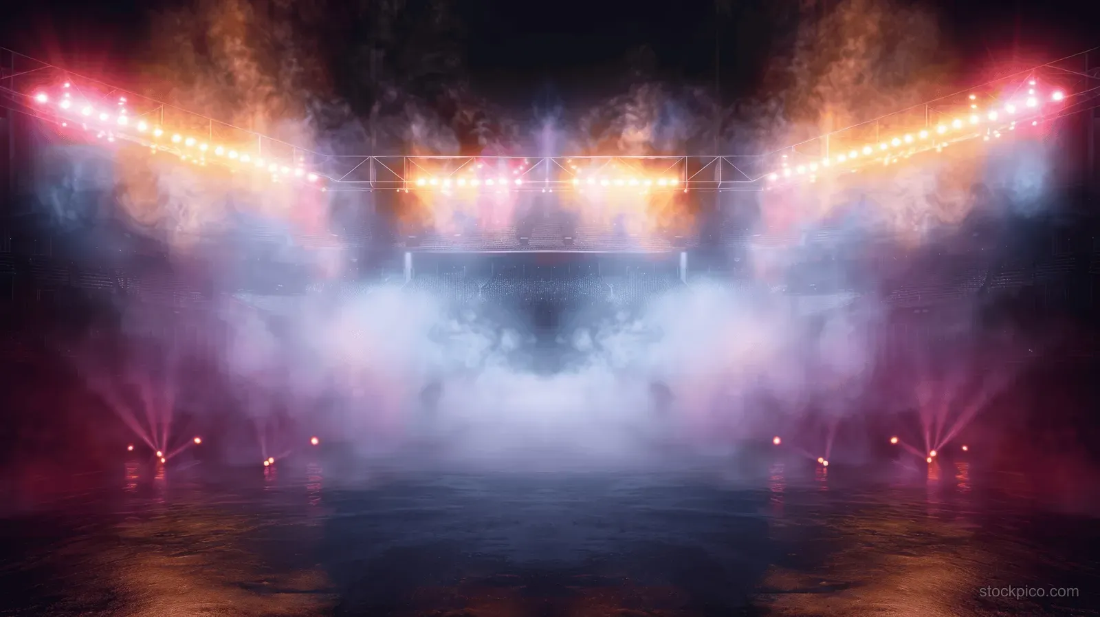 Bright stadium floodlights glow through dense smoke above an empty dark arena.