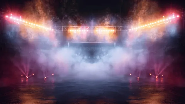 Stadium floodlights shine through smoke haze over a dark empty arena