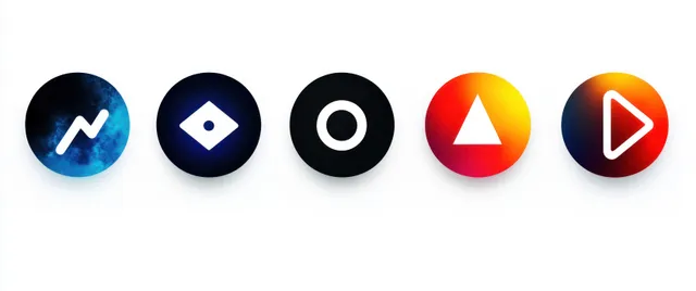 Five colored circular icons display a zigzag, diamond, ring, triangle, and right-pointing play symbol.