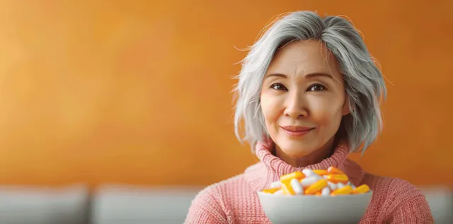 Smiling older Asian woman with short silver hair in a pink sweater holding a small banner against a warm orange background.