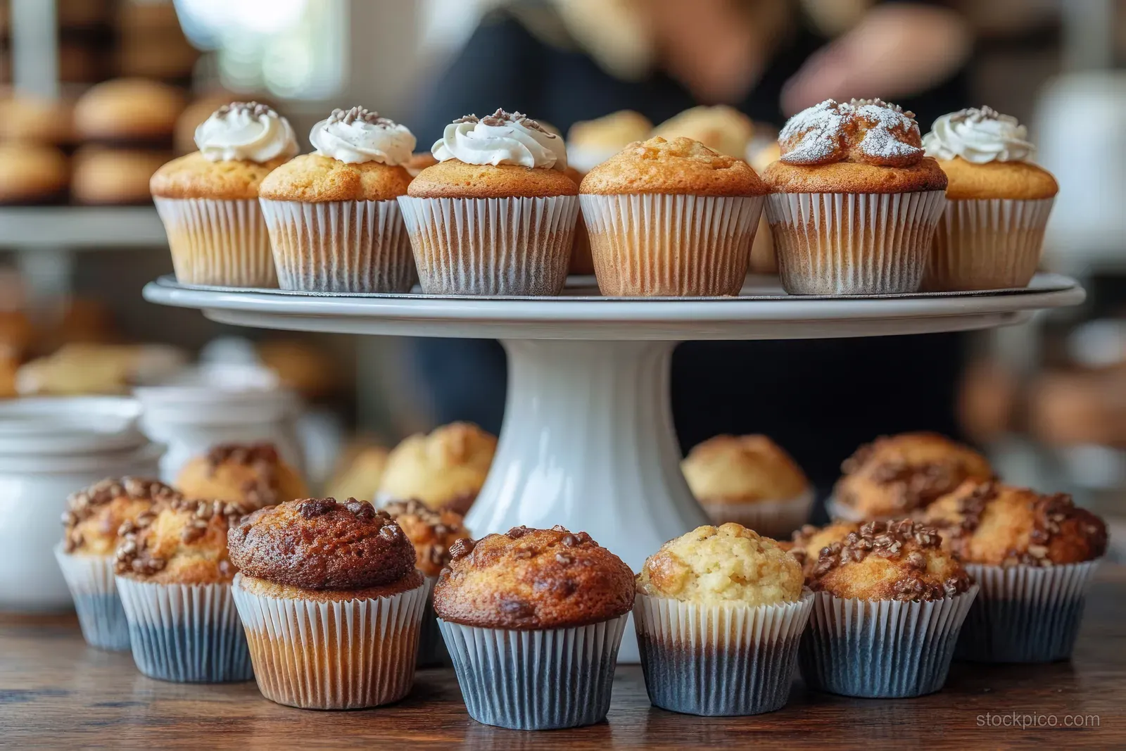 Assorted muffins with crumb topping and frosting on a white stand in a cozy bakery setting.