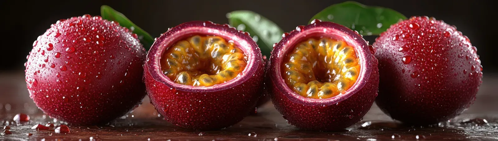Passion fruits, some whole and some halved, display orange pulp and seeds on a white background.