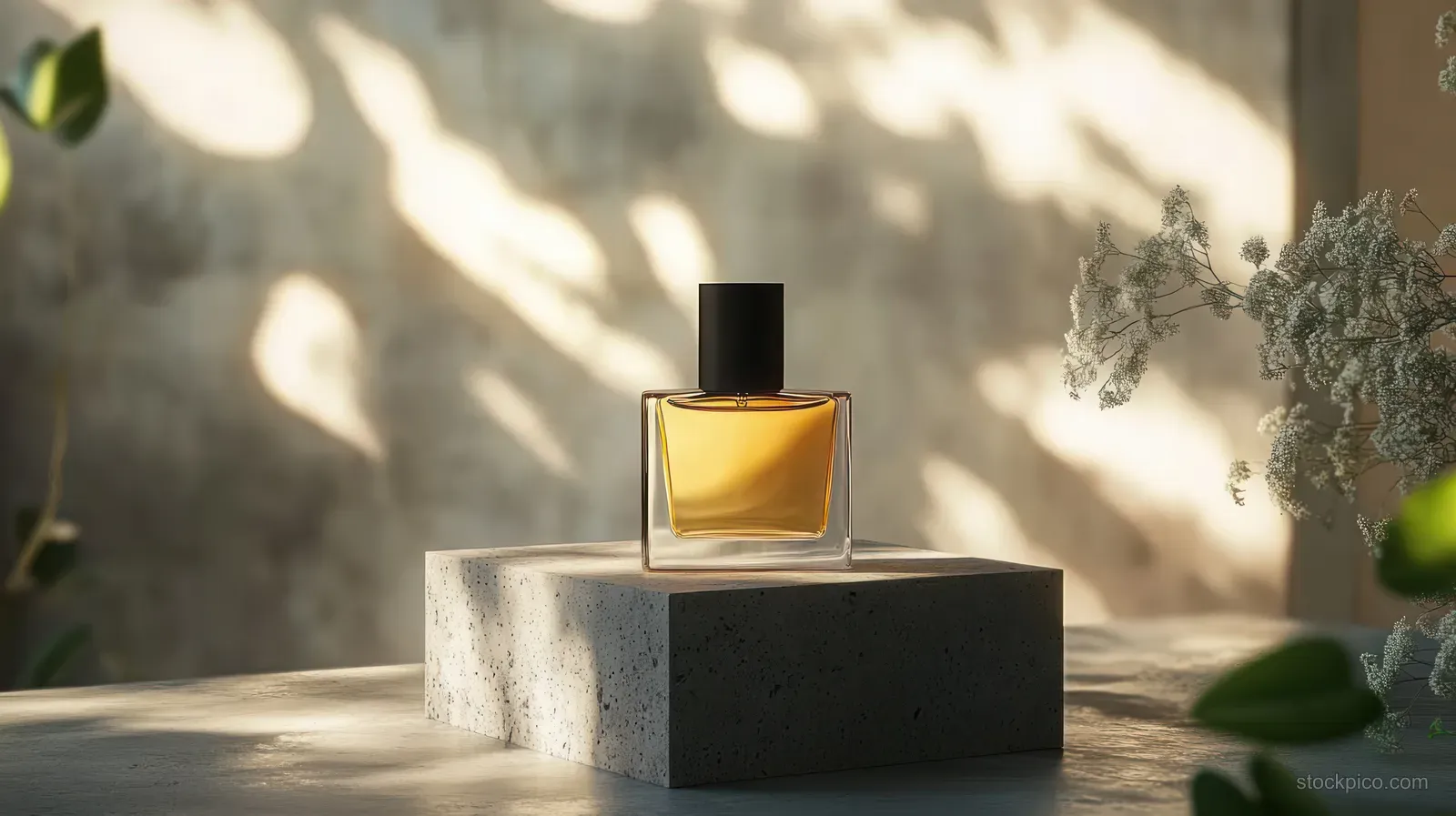 Black perfume bottle with golden liquid on a concrete pedestal under soft natural sunlight and gentle shadows.