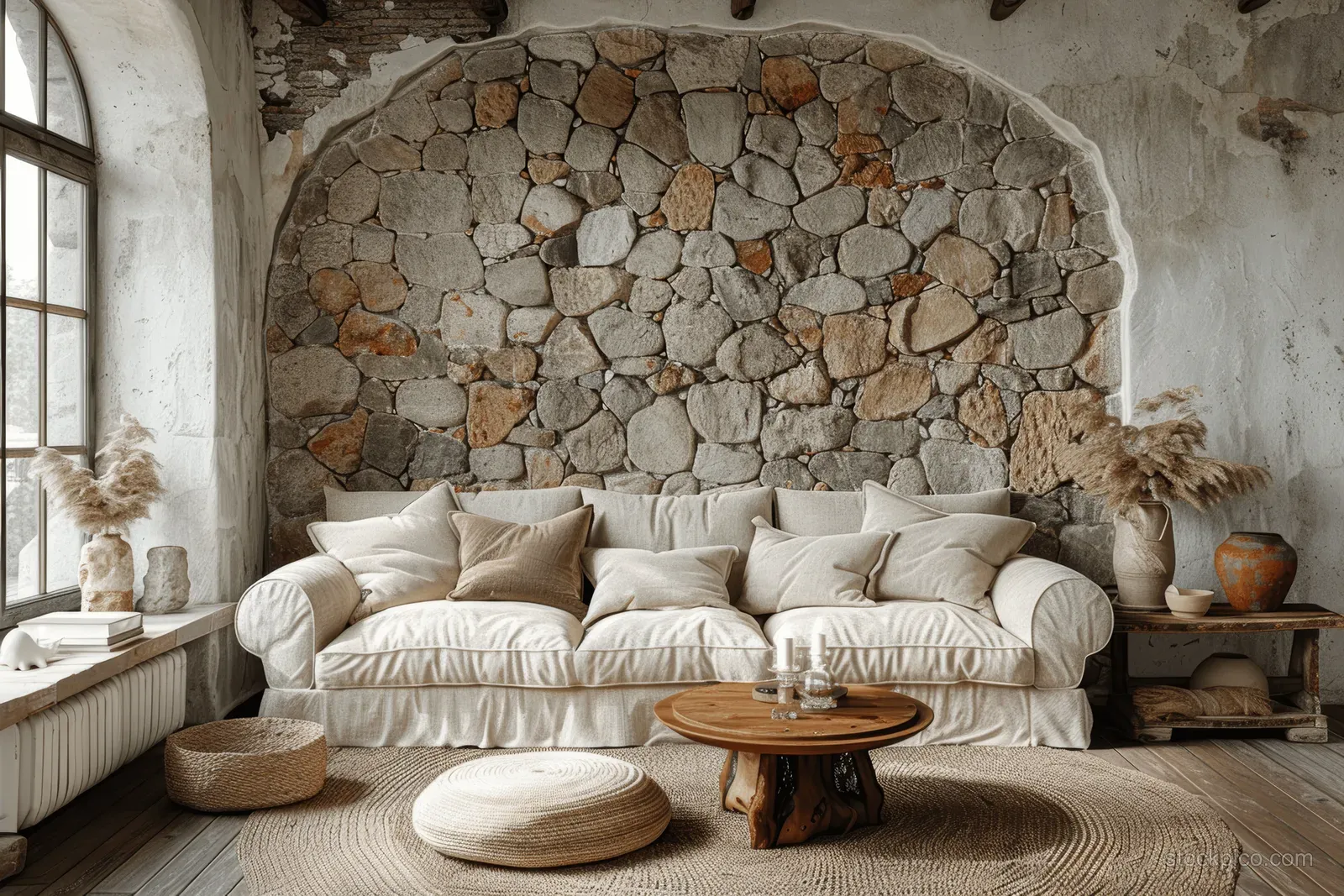 Beige living room with a white sofa, round pouf, wooden side table, and curved stone arch wall.
