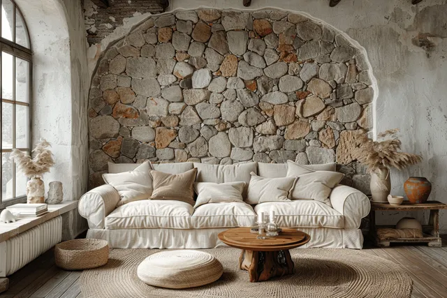 Beige living room with white sofa, wood side table, and stone arch wall