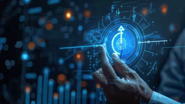 Businessman holding a tablet while glowing financial charts and digital data visualizations surround his hand.