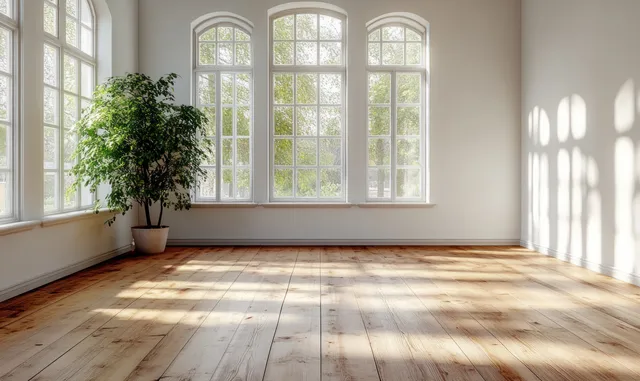 Minimalist living room with white walls, wooden floorboards, and a potted plant beside arched windows casting sun shadows.