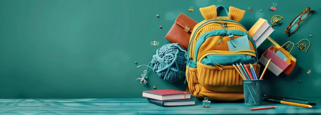 3D backpack with books and scattered stationery on a green background leaving copy space.
