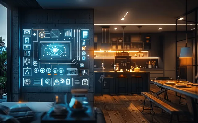 A futuristic apartment kitchen displays holographic smart home control icons on a glowing touch screen interface.
