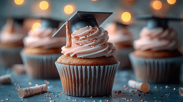 Vanilla cupcake with pink swirled frosting and a miniature graduation cap topper, with scattered sprinkles and blurred cupcakes behind.