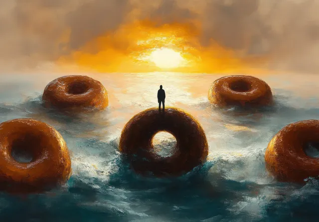 A lone silhouette stands on a floating donut in the ocean beneath an orange sunset with waves and clouds.