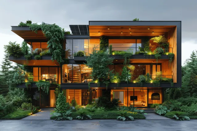 Sustainable apartment complex with rooftop solar panels, warm lit windows, and lush landscaping in a landscaped courtyard.