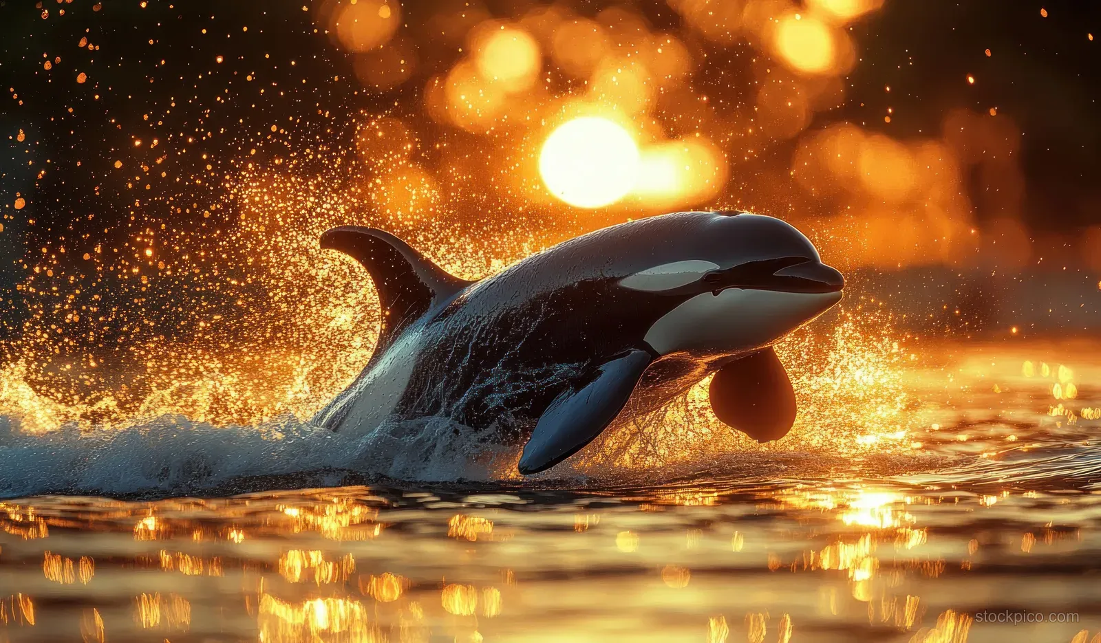 An orca breaches the water at sunset in a winter Norwegian fjord, surrounded by golden spray.