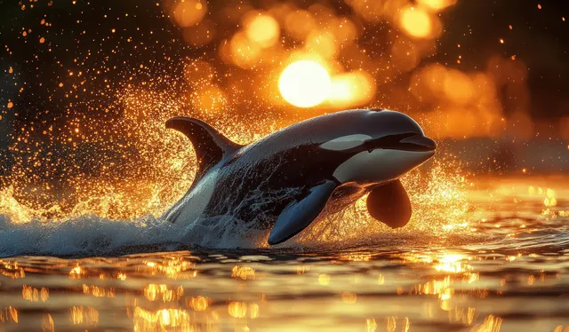 An orca breaches the water at sunset in a winter Norwegian fjord, surrounded by golden spray.