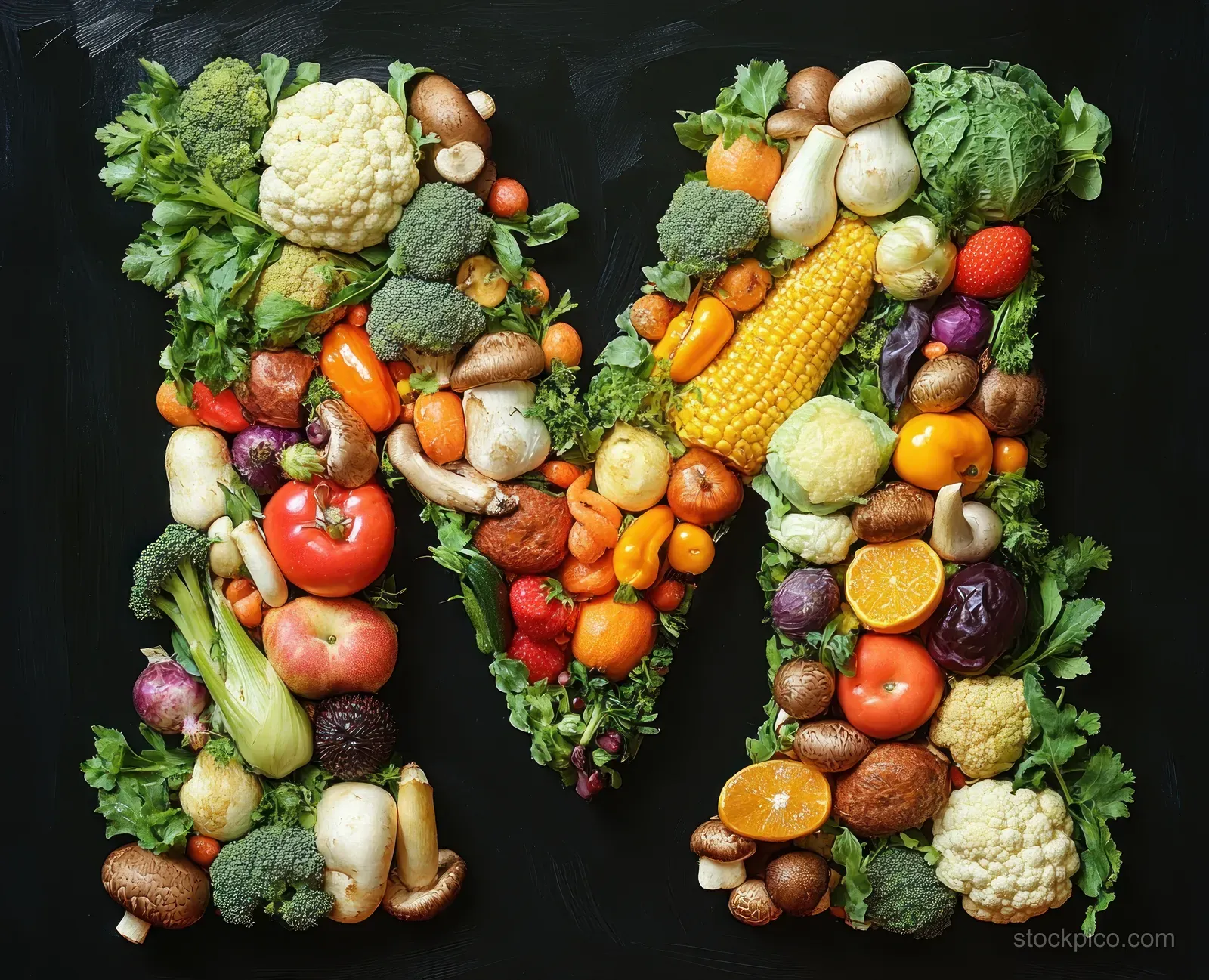 A large letter M formed from assorted fresh vegetables and fruits arranged on a dark background.