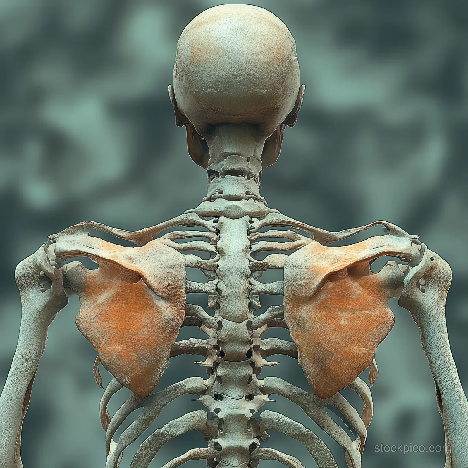 Rendered human skeleton viewed from behind with highlighted shoulder joints and supraspinatus muscles.