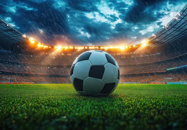 Soccer ball on a green field under intense stadium floodlights with stormy rain clouds overhead.