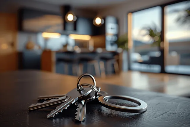 Close-up keys with keyring on countertop, blurred apartment interior lights behind