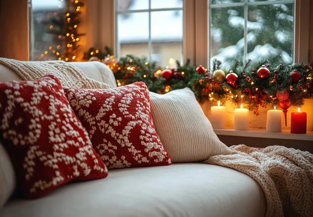 Cozy sofa with knitted red cushions and blanket, lit candles, and snowy Christmas view outside