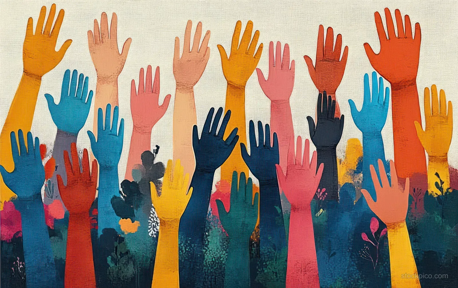 Multicultural crowd of raised hands reaching upward over a colorful community illustration background.