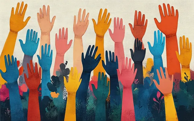 Raised diverse hands reaching upward in colorful community banner illustration