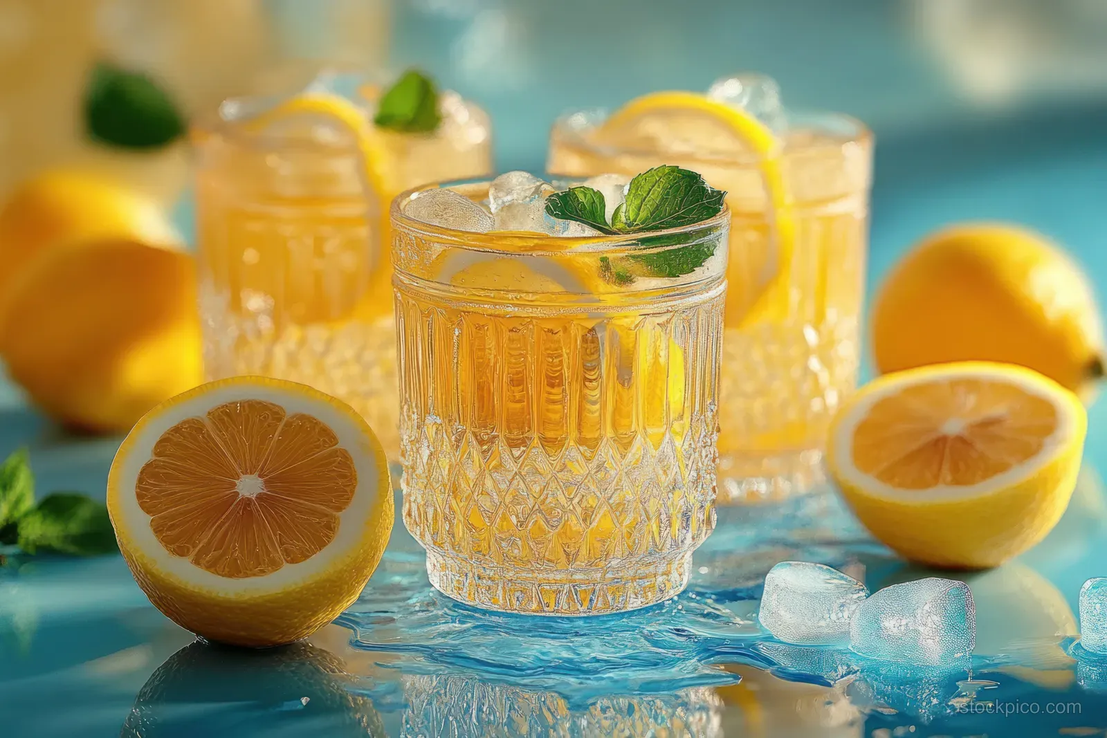 A garnished iced lemon drink sits in a textured glass with mint leaves, fresh lemon slices, and melting ice.