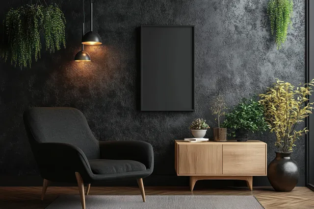 A black armchair and wooden sideboard in a minimalist living room with warm wall lighting and potted plants.