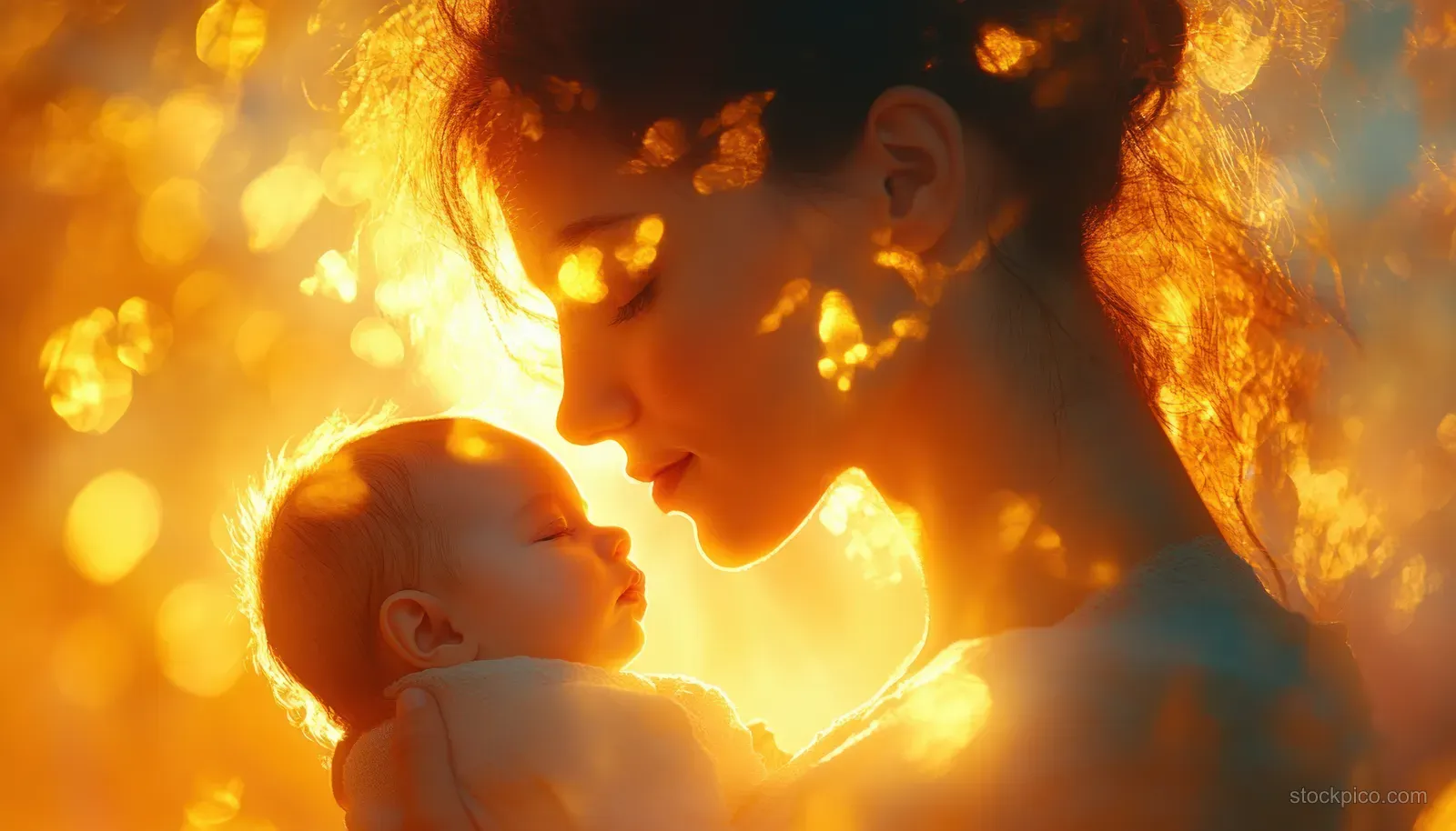 A smiling mother cradles her sleeping baby in a warm glowing hug with soft golden light.