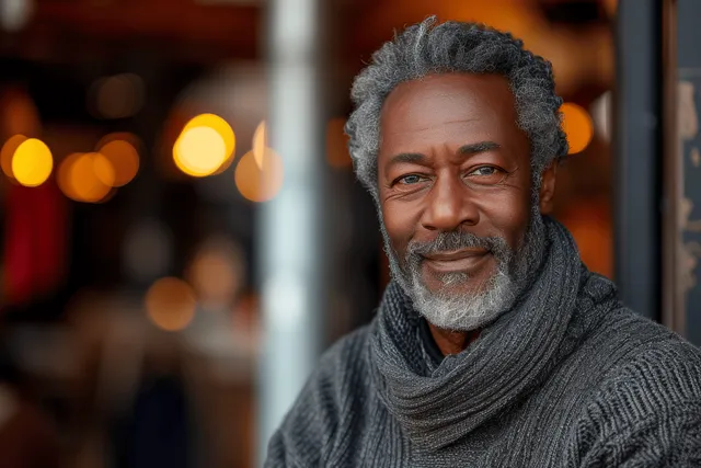 Smiling gray-haired African American senior man in city street storefront glow