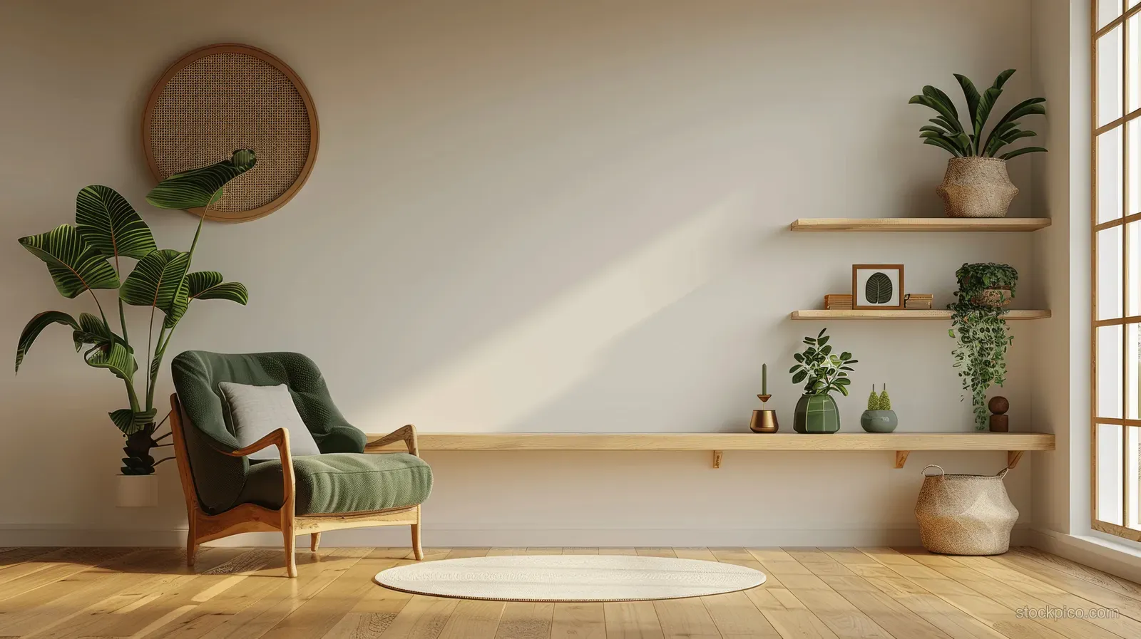 Green armchair beside a wooden wall shelf in a bright minimalist living room with plants and window light.