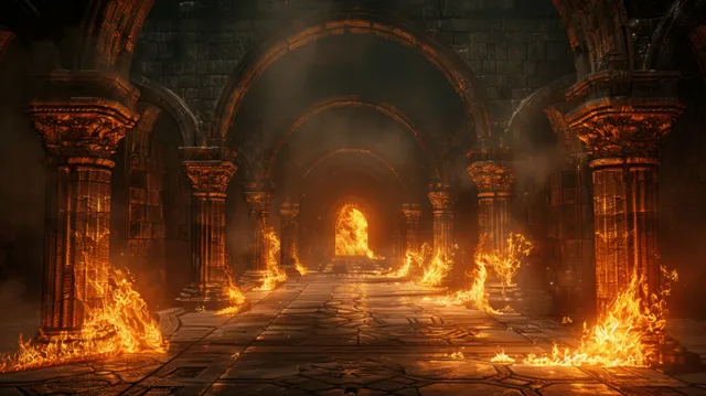 Flaming torches burn in a medieval castle interior corridor with stone arches and columns.