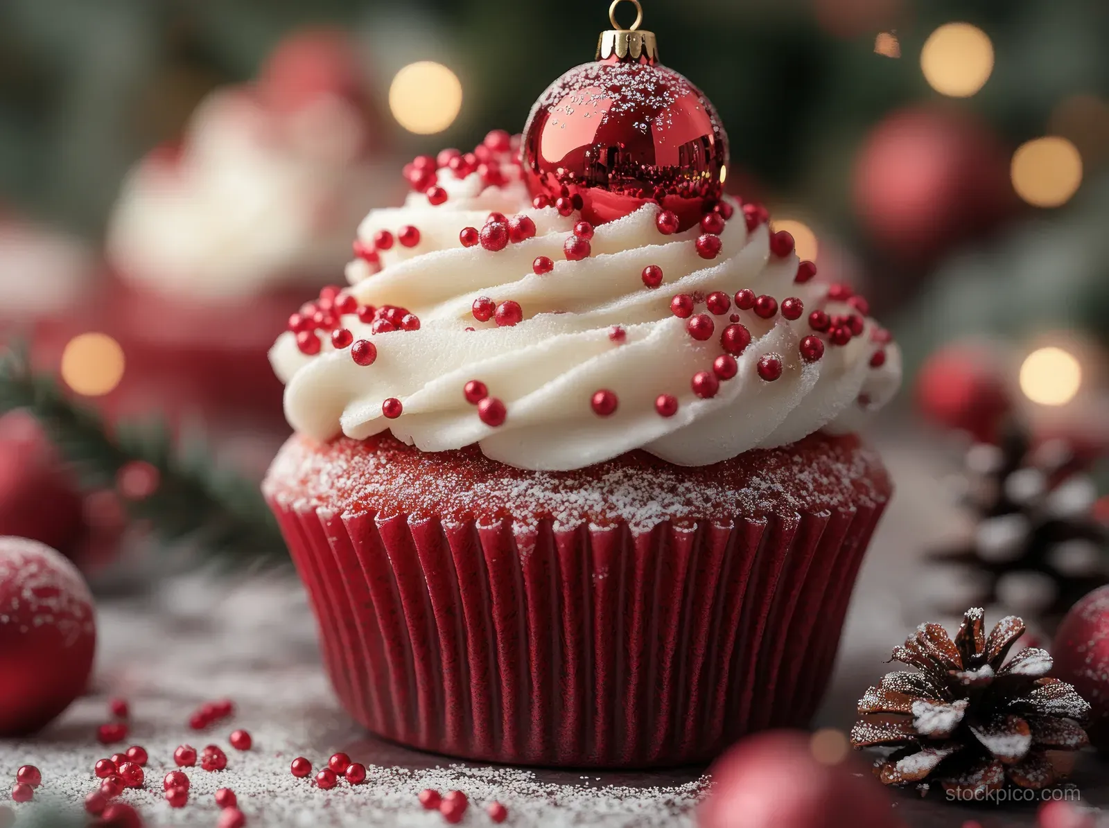 Red frosted Christmas cupcake with red sprinkles and a small ornament topper against a blurred holiday background.